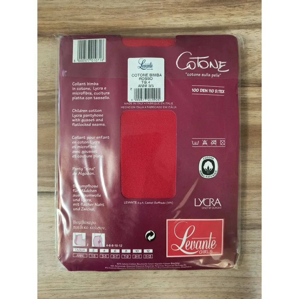 Levante Cotone Girls Pantyhose Red Size 4 Ages 3-5 100 Denier Opaque Italy